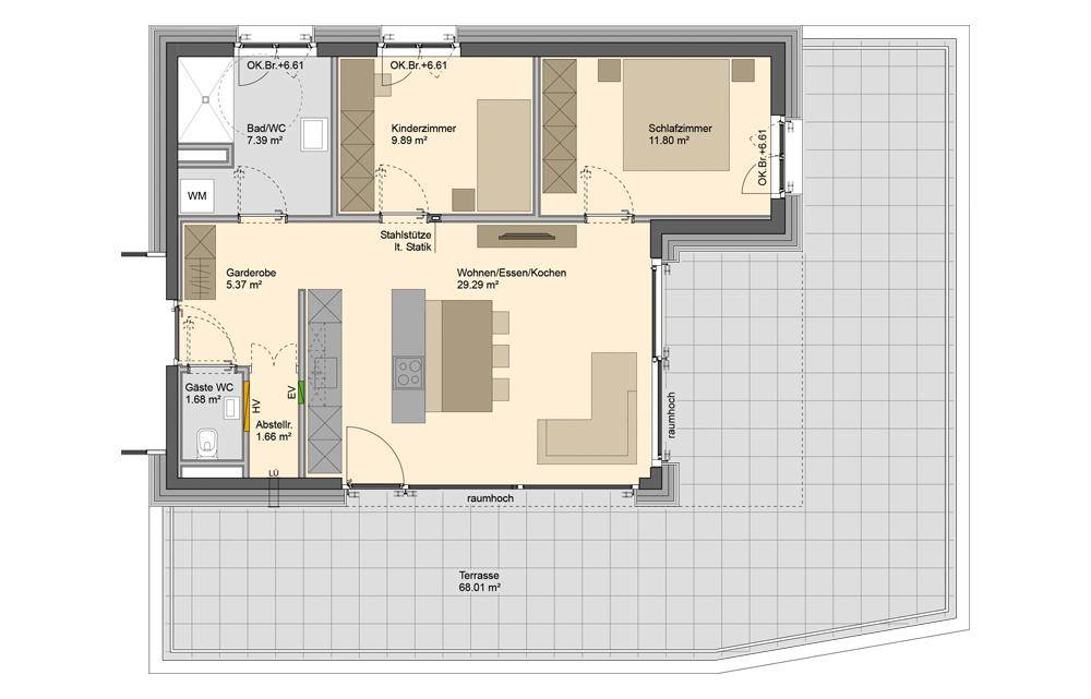 Grundriss einer Wohnung mit drei Zimmern, offenem Wohn-/Kochbereich und großer Terrasse.