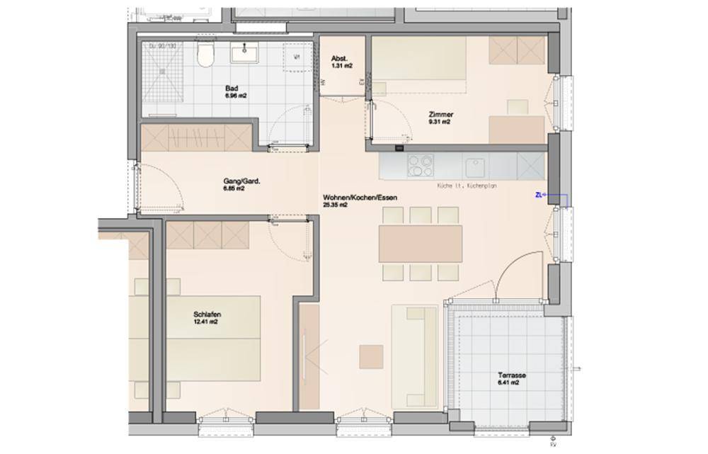 Grundriss einer Wohnung mit offenem Wohn-Essbereich, zwei Schlafzimmern und Terrasse.