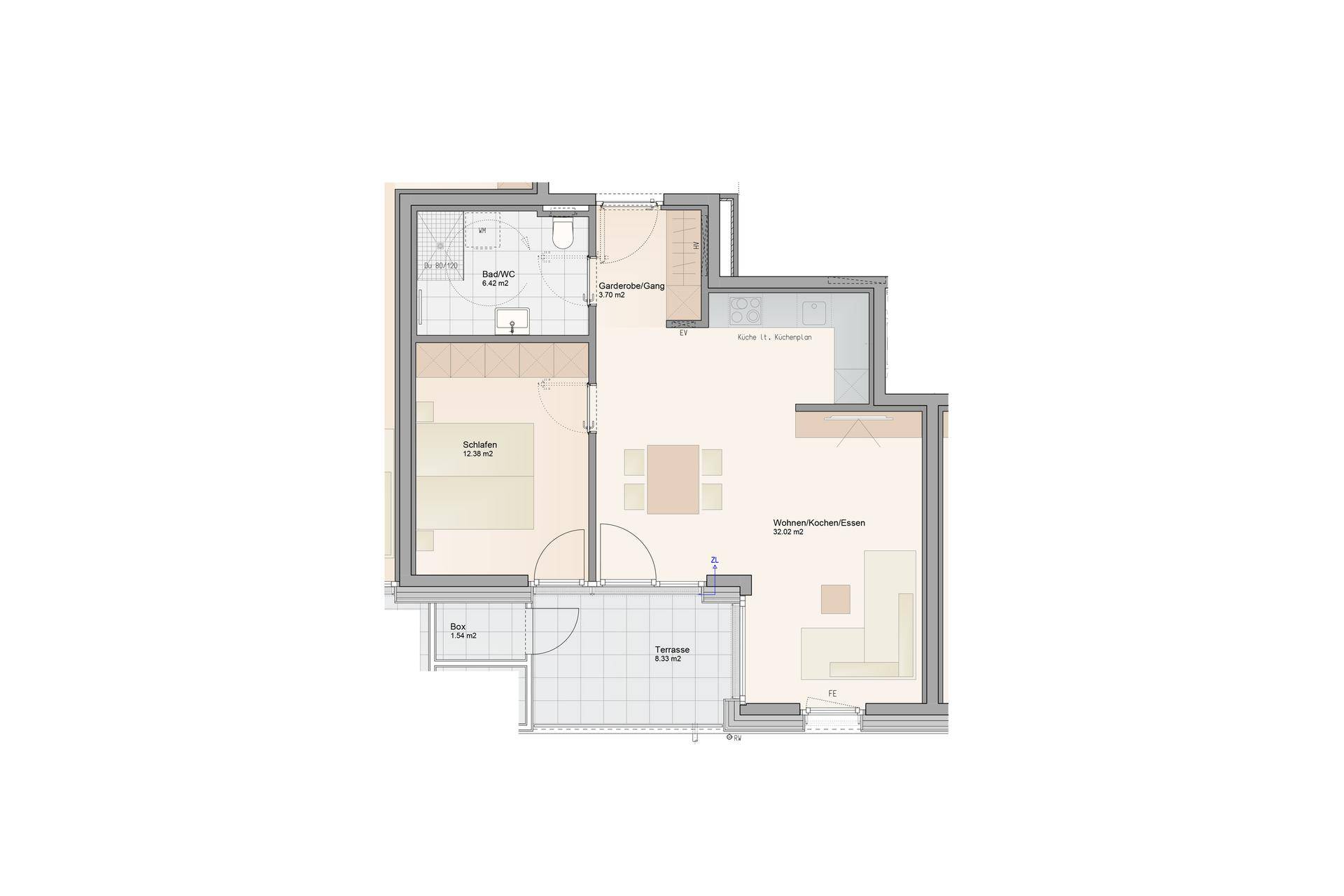 Grundriss einer Wohnung mit einem Schlafzimmer, Bad, offenem Wohnbereich und Terrasse.