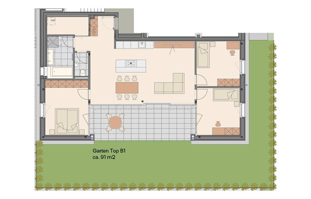 Grundriss einer Wohnung mit offenem Wohnbereich, Terrasse und Garten.