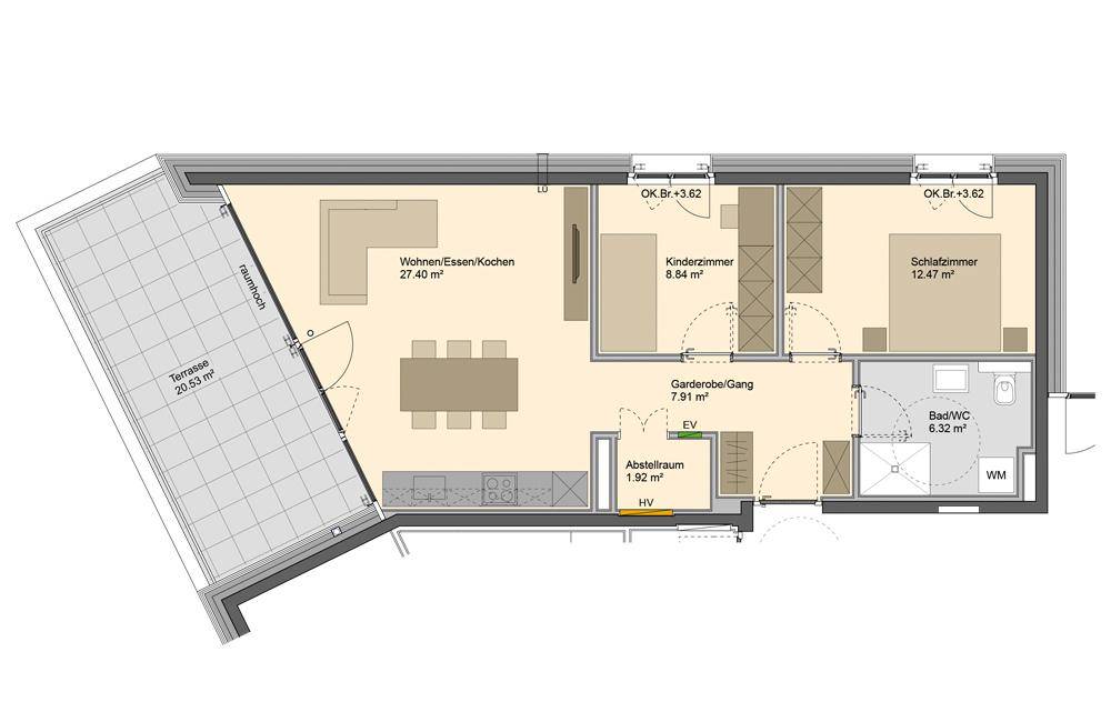 Grundriss einer Wohnung mit offenem Wohn-/Ess-/Kochbereich, zwei Schlafzimmern und großer Terrasse.