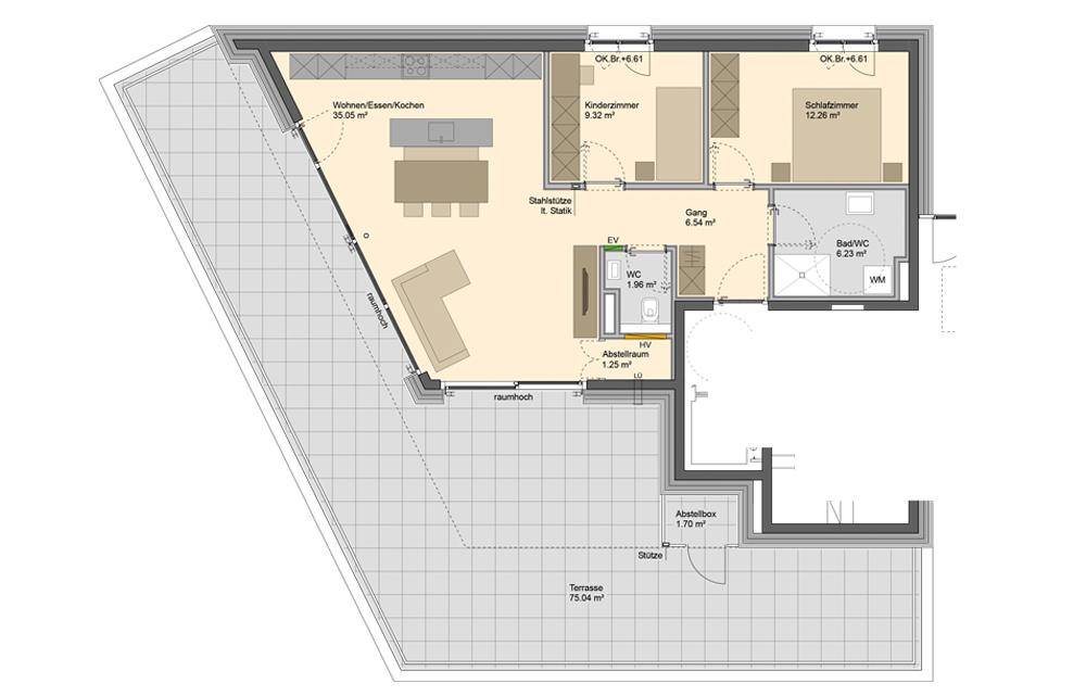 Grundriss einer Wohnung mit großem offenem Wohn-/Ess-/Kochbereich und weitläufiger Terrasse.