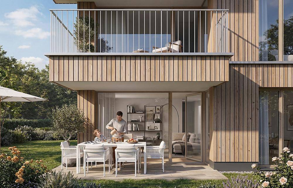 Erdgeschosswohnung mit großer Terrasse und Garten, ideal für Familienaktivitäten im Freien.
