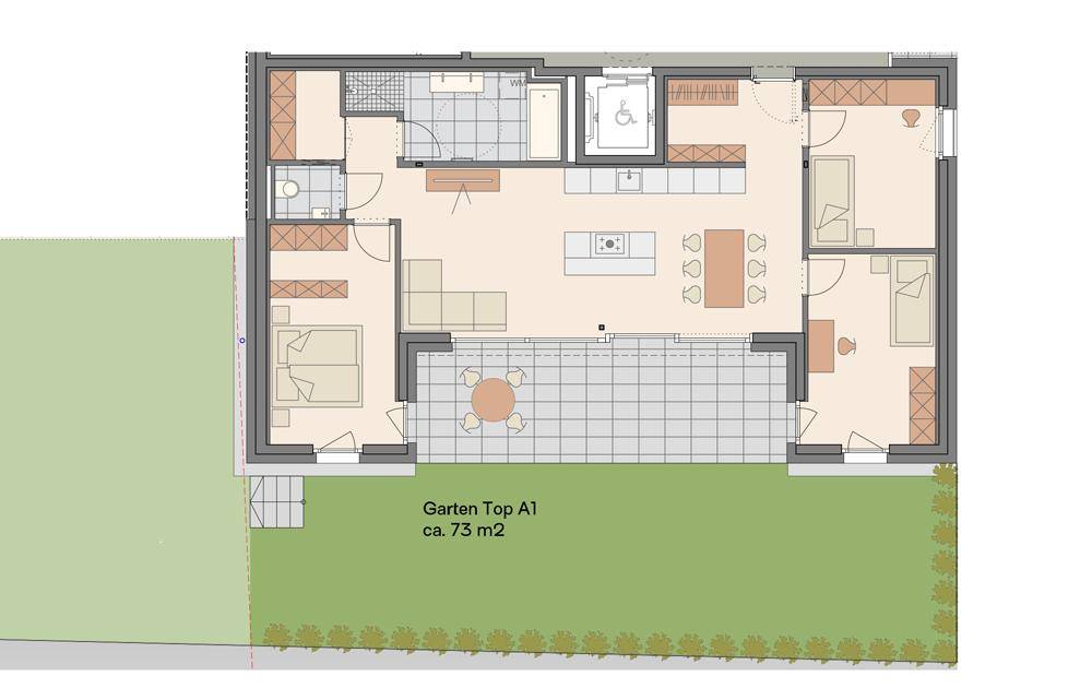 Grundriss einer Wohnung mit offenem Wohnbereich, Terrasse und privatem Garten.