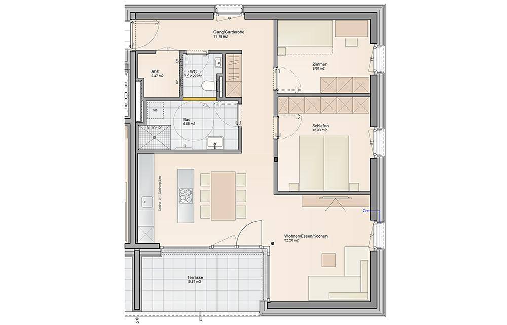 Detaillierter Grundriss einer Wohnung mit Terrasse, offenem Wohnbereich und zwei Schlafzimmern.