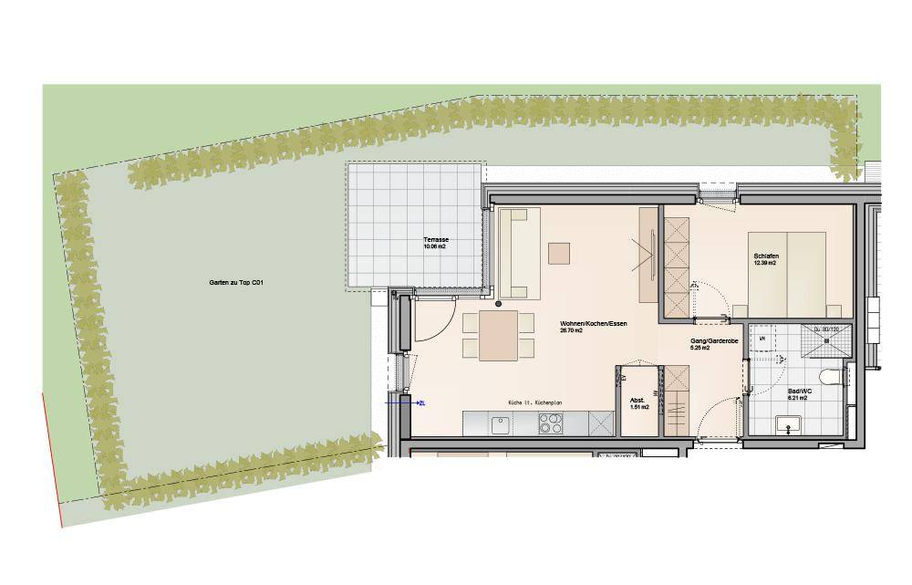 Grundriss einer Wohnung mit offenem Wohn-/Essbereich, Schlafzimmer, Bad, Terrasse und Garten.