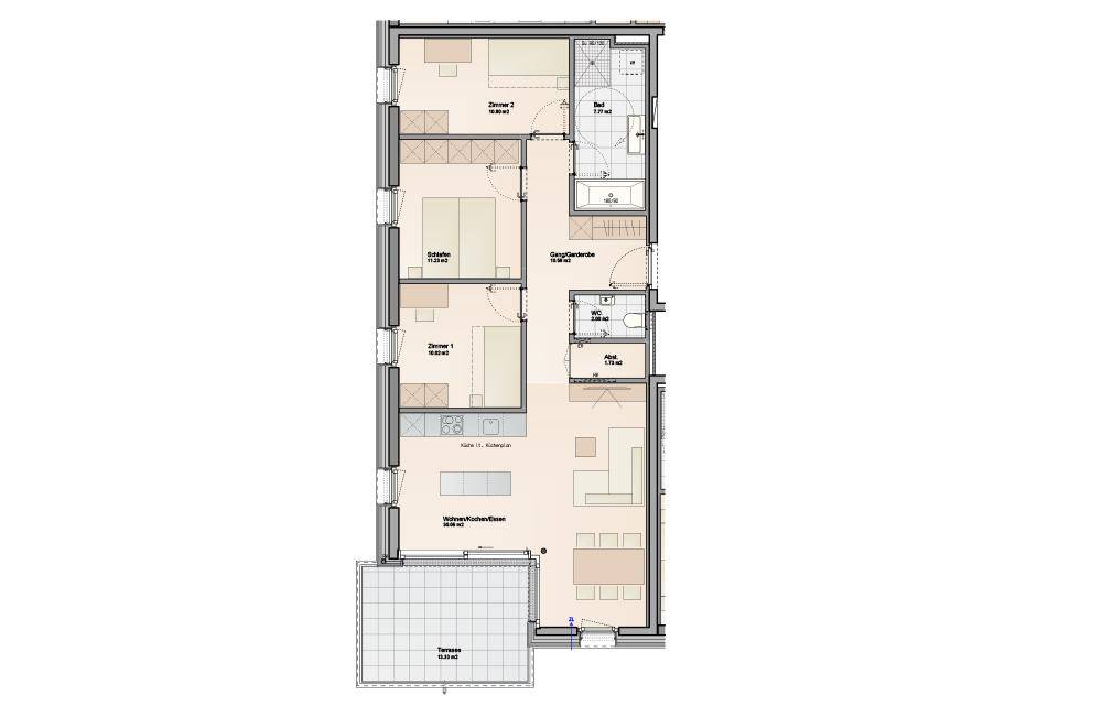 Grundriss einer Wohnung mit offenem Wohn-Essbereich, drei Zimmern, zwei Bädern und einer Terrasse.