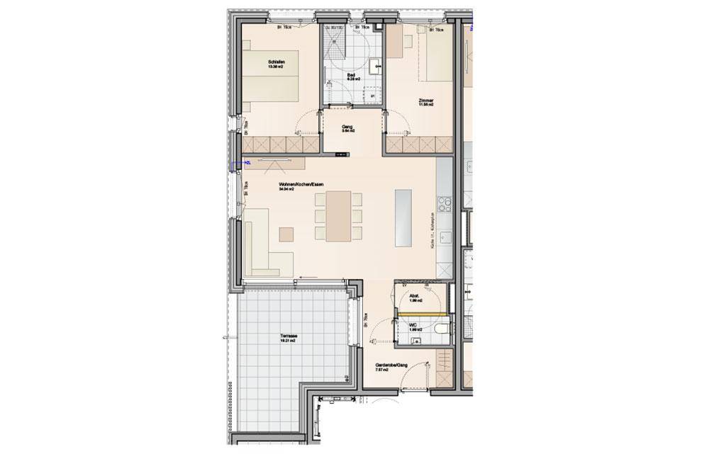 Grundriss einer Wohnung mit offener Küche, Essbereich, zwei Schlafzimmern und Terrasse.