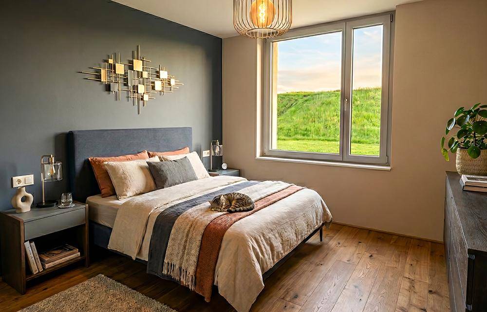 Schlafzimmer mit Holzboden, modernem Bett und großem Fenster mit Blick auf grüne Hügel.