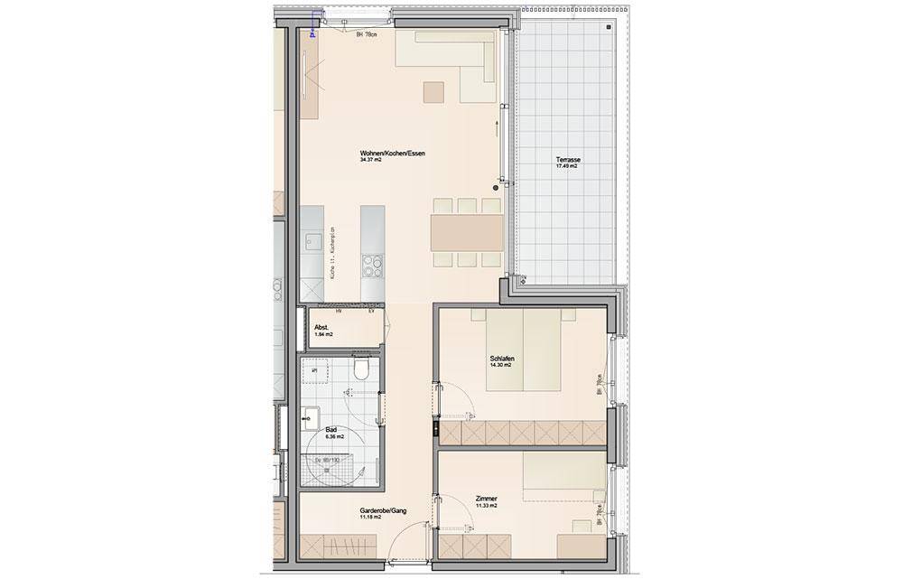 Grundriss einer Wohnung mit offenem Wohn-Essbereich, zwei Schlafzimmern und Terrasse.