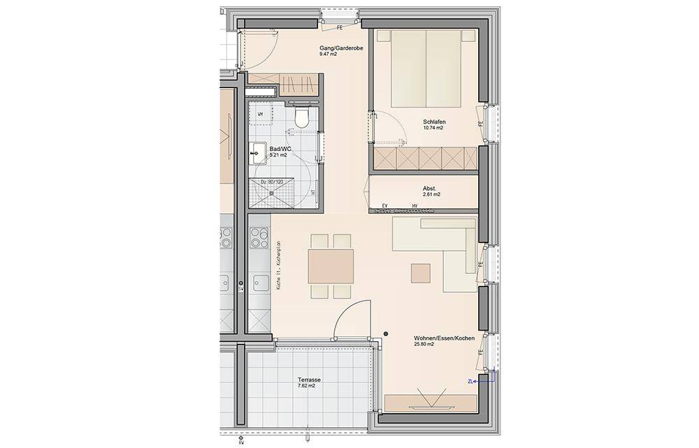 Grundriss einer Wohnung mit Wohn-/Ess-/Kochbereich, Schlafzimmer, Bad und Terrasse.