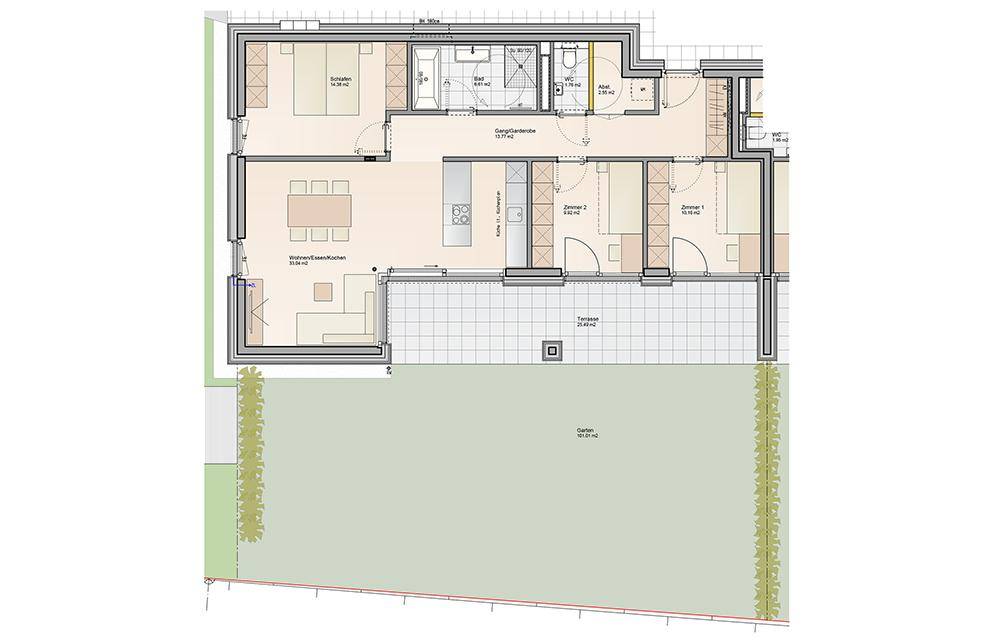 Detaillierter Grundriss einer Wohnung mit offenem Wohnbereich, drei Zimmern und Terrasse.