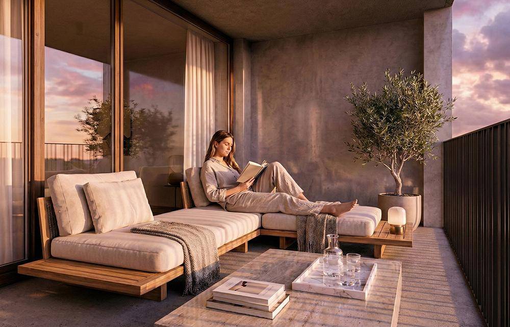 Entspannter Balkon mit bequemen Loungemöbeln und einer Person, die bei Sonnenuntergang liest.