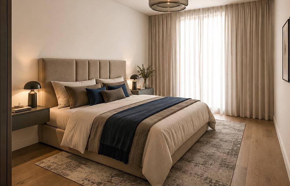Gemütliches Schlafzimmer mit großem Bett, Nachttischen und bodentiefen Fenstern.
