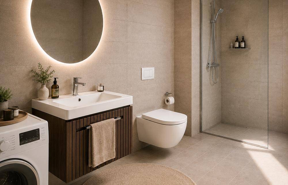 Modernes Badezimmer mit begehbarer Dusche, Wand-WC und beleuchtetem Spiegel.
