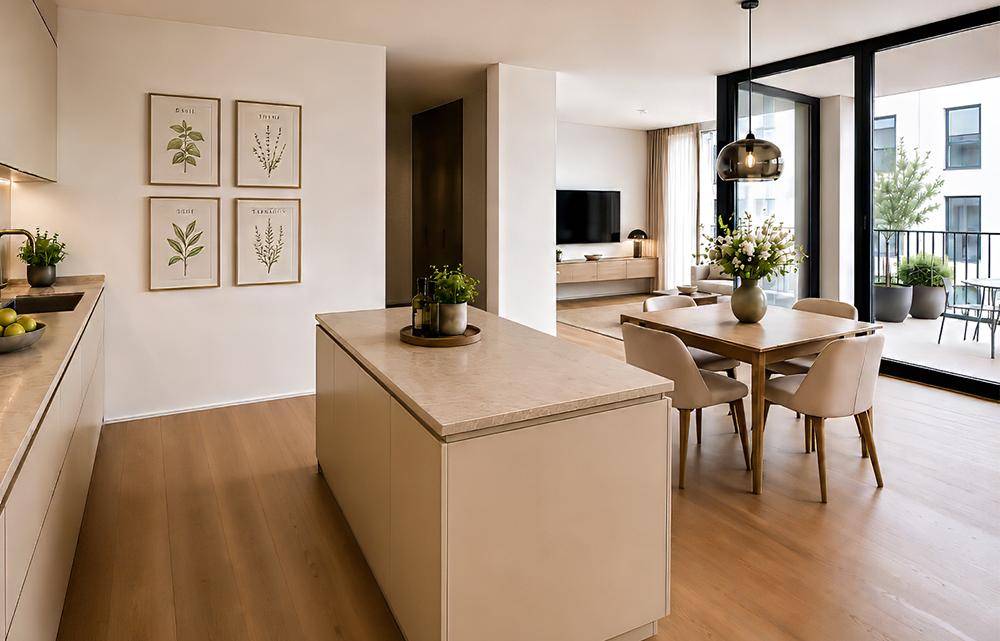 Moderne Küche mit Kücheninsel und Essbereich, offen zum Wohnzimmer und Balkon.