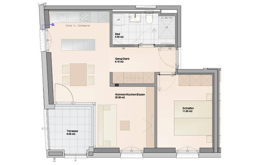 Grundriss einer Wohnung mit offener Küche, Wohnbereich, Schlafzimmer und Terrasse.