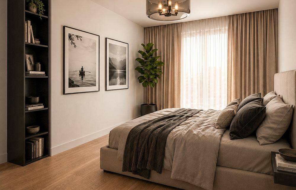 Helles Schlafzimmer mit Holzboden, großem Bett und Vorhängen, die für Privatsphäre sorgen.