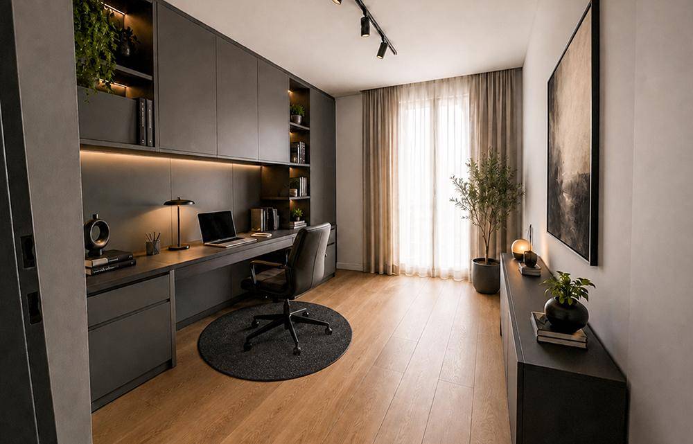 Modernes Heimbüro mit integrierten Schränken, Schreibtisch und großem Fenster für viel Tageslicht.