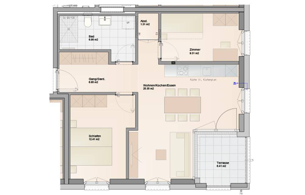 Grundriss einer Wohnung mit zwei Schlafzimmern, offenem Wohnbereich und Terrasse.