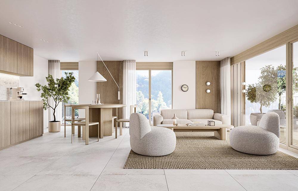 Heller, offener Wohn-Essbereich mit integrierter Küche, großen Fenstern und modernem Design.