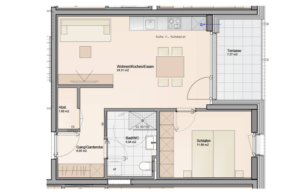 Grundriss einer Wohnung mit offenem Wohn-Essbereich, Schlafzimmer, Bad und Terrasse.