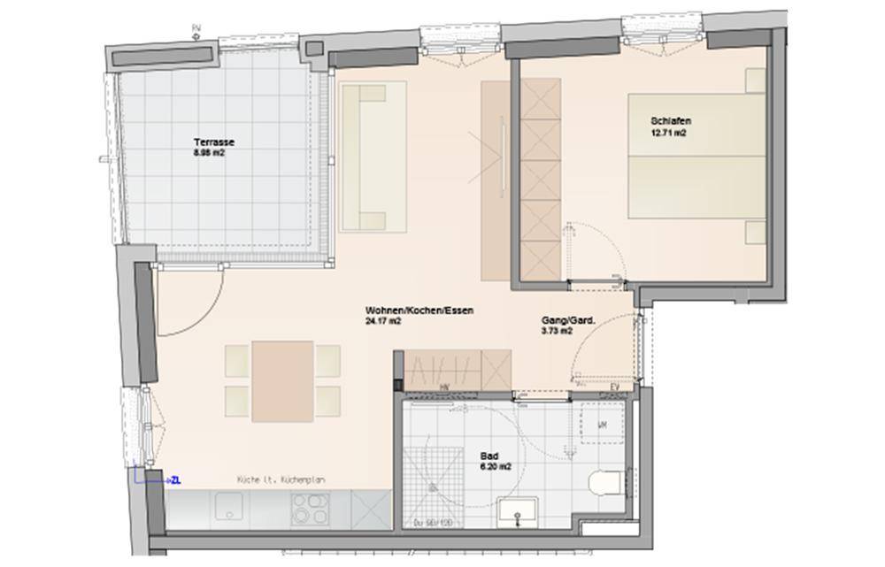 Grundriss einer Wohnung mit Terrasse, offenem Wohnbereich und einem Schlafzimmer.