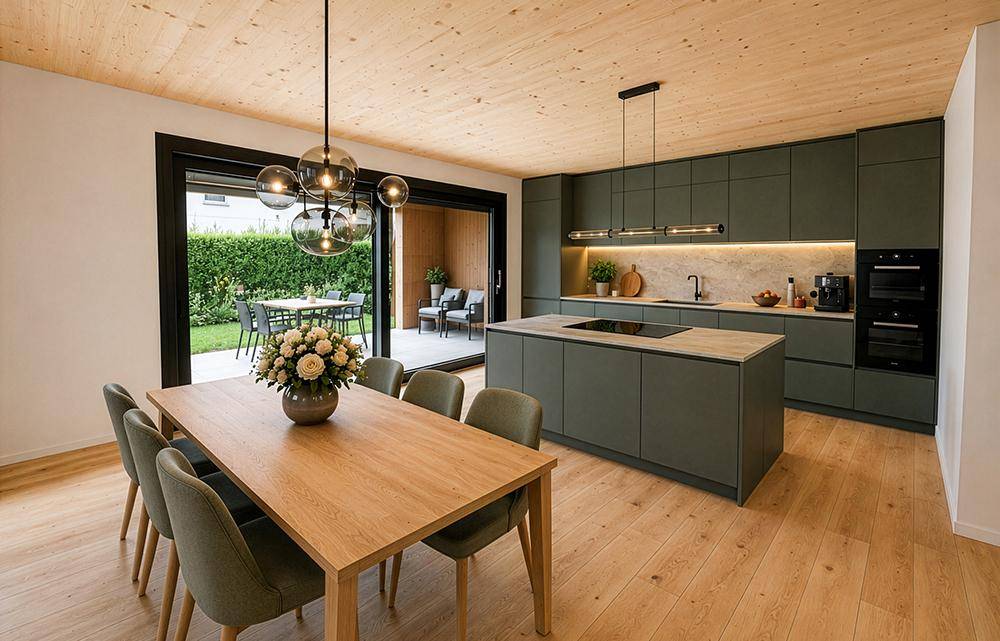 Offene Küche mit moderner Einrichtung, Essbereich und Zugang zur Terrasse.