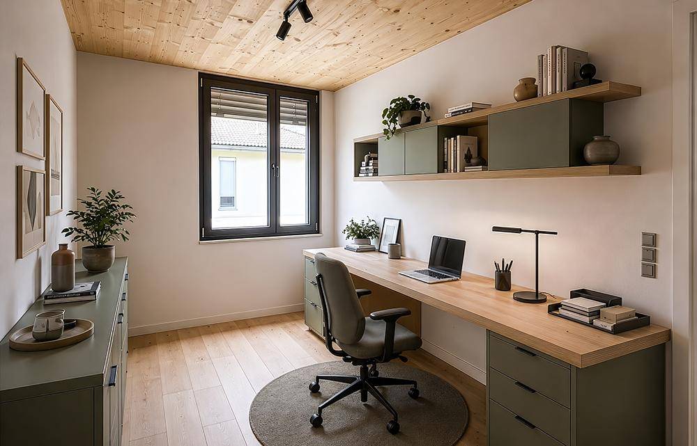 Modernes Heimbüro mit großem Schreibtisch, Holzdecke und viel Stauraum.