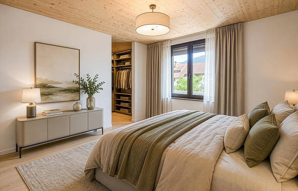 Gemütliches Schlafzimmer mit Doppelbett, begehbarem Kleiderschrank und Blick ins Grüne.