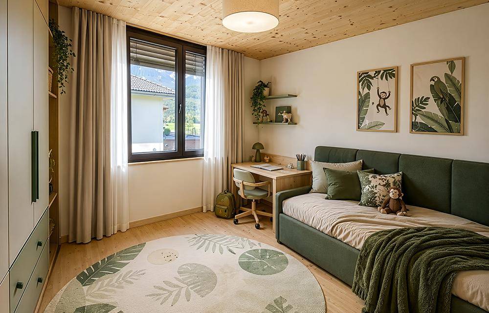 Helles Schlafzimmer mit Holzbalkendecke, Schreibtisch und kinderfreundlicher Dekoration.