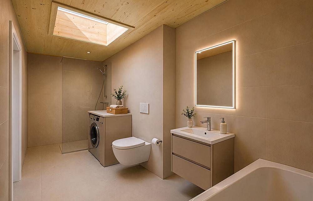 Modernes Badezimmer mit Dusche, Badewanne, Waschmaschine und Dachfenster.