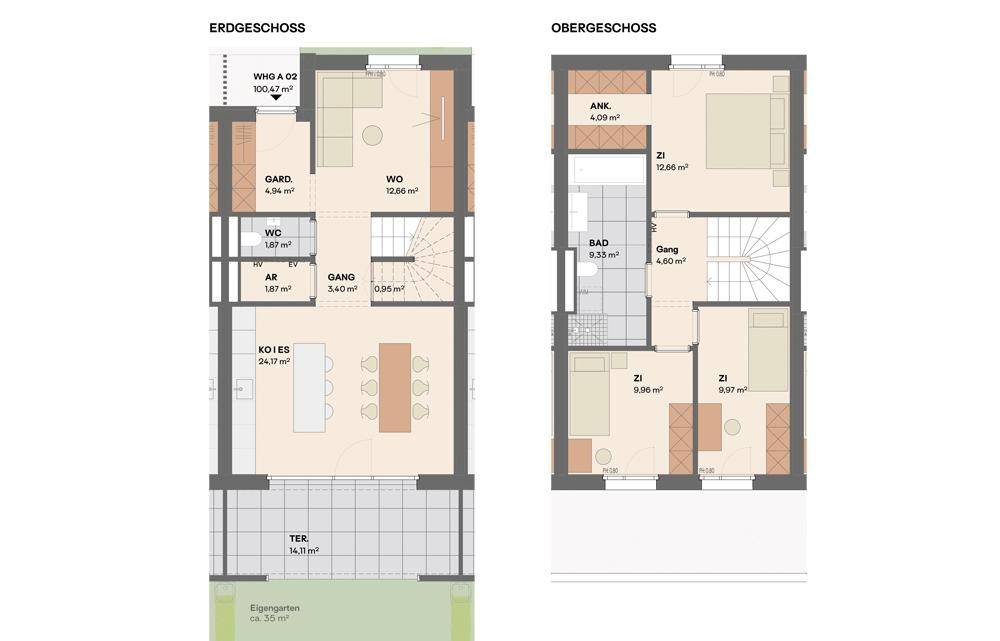 Grundriss der Erdgeschoss- und Obergeschosswohnung mit Raumaufteilung.
