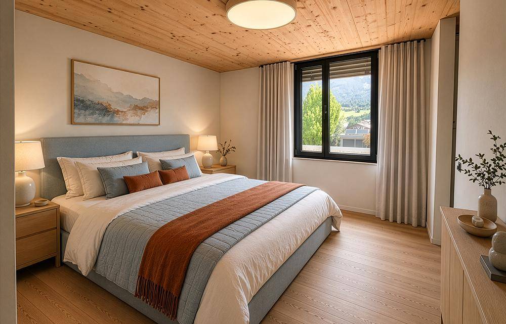 Helles Schlafzimmer mit Doppelbett, Holzboden und Fenster mit Blick ins Grüne.