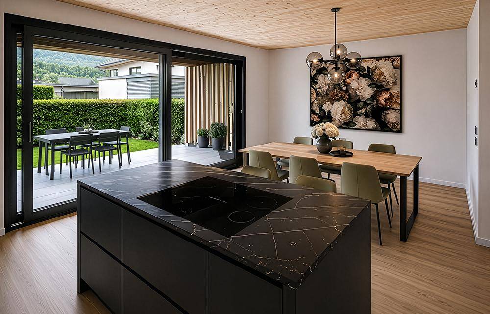 Heller Essbereich mit Holztisch und Blick auf die Terrasse, angrenzend an eine moderne Kücheninsel.