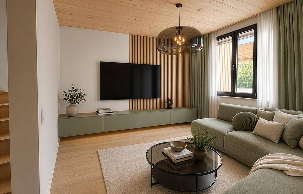 Modernes Wohnzimmer mit grüner Couch, Holzwandpaneelen und großem Fenster für viel Tageslicht.
