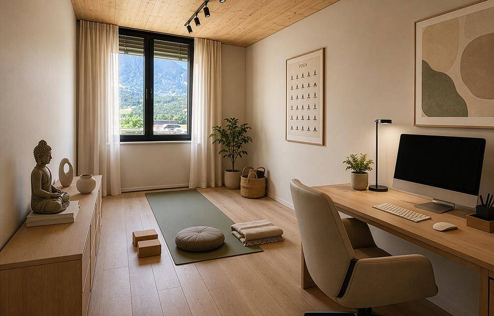 Ruhiges Arbeitszimmer mit Schreibtisch, Yogamatte und Bergblick durch das Fenster.