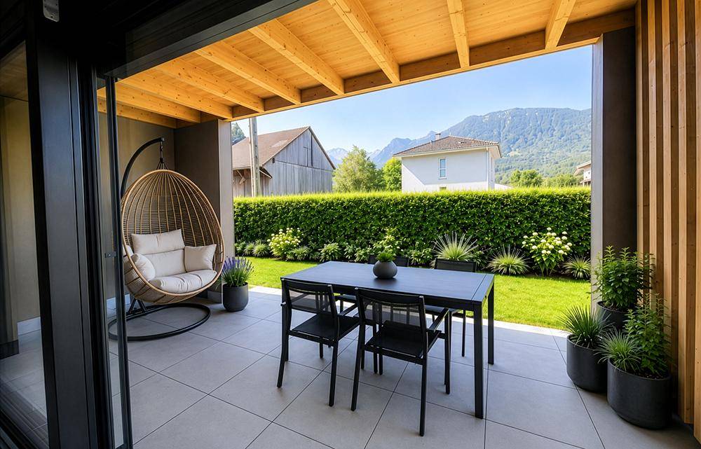Gemütliche Terrasse mit Hängesessel und Esstisch, umgeben von einer grünen Hecke und Bergblick.