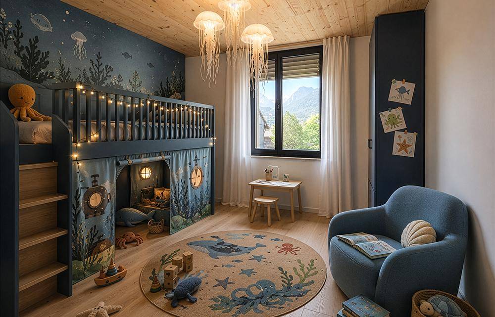 Kreatives Kinderzimmer mit Hochbett, Unterwasser-Wandtapete und Blick auf die Berge.