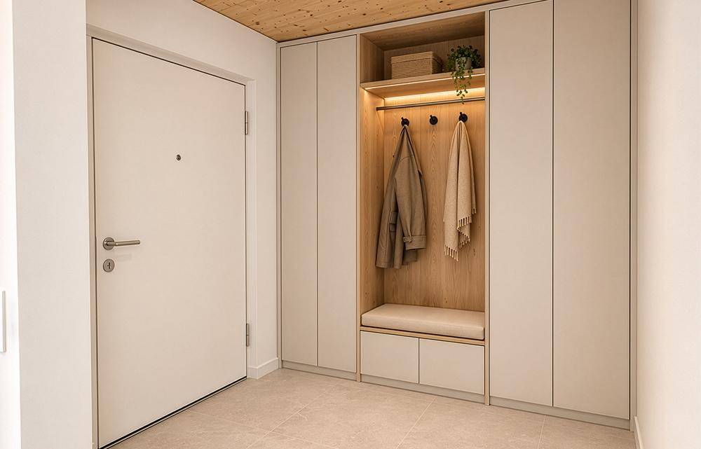 Heller Eingangsbereich mit Einbauschränken, Garderobe und Sitzbank.