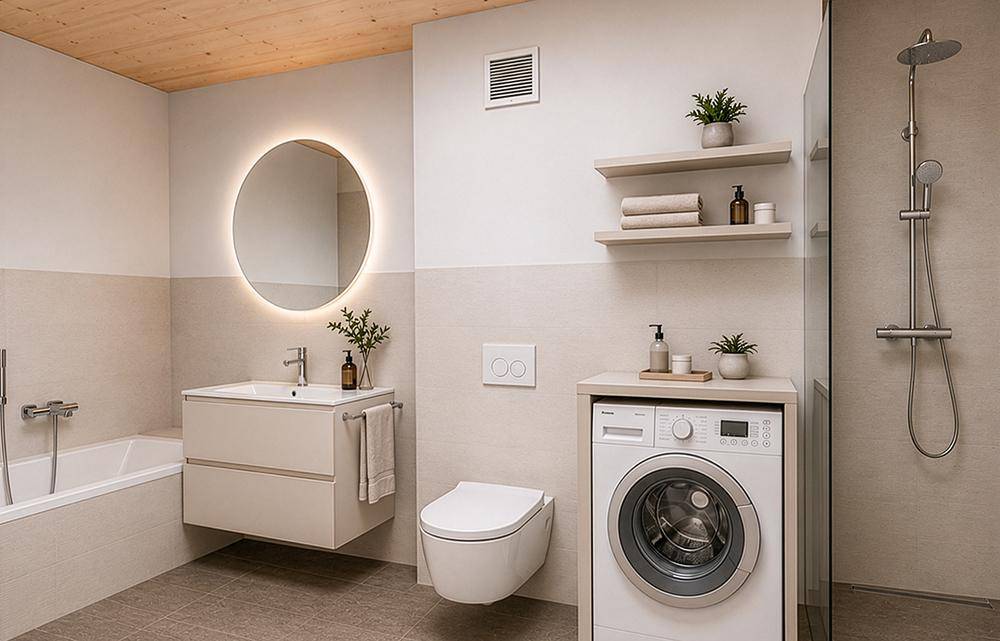 Modernes Badezimmer mit Badewanne, Dusche, Waschmaschine und beleuchtetem Spiegel.