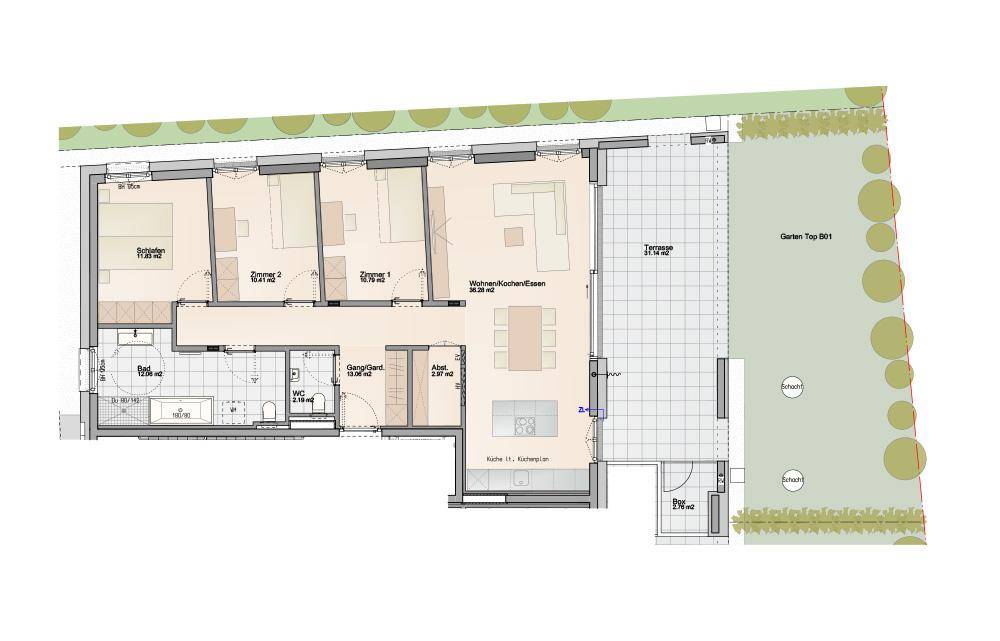 Grundriss einer Wohnung mit offenem Wohn-Essbereich, drei Zimmern und Terrasse.