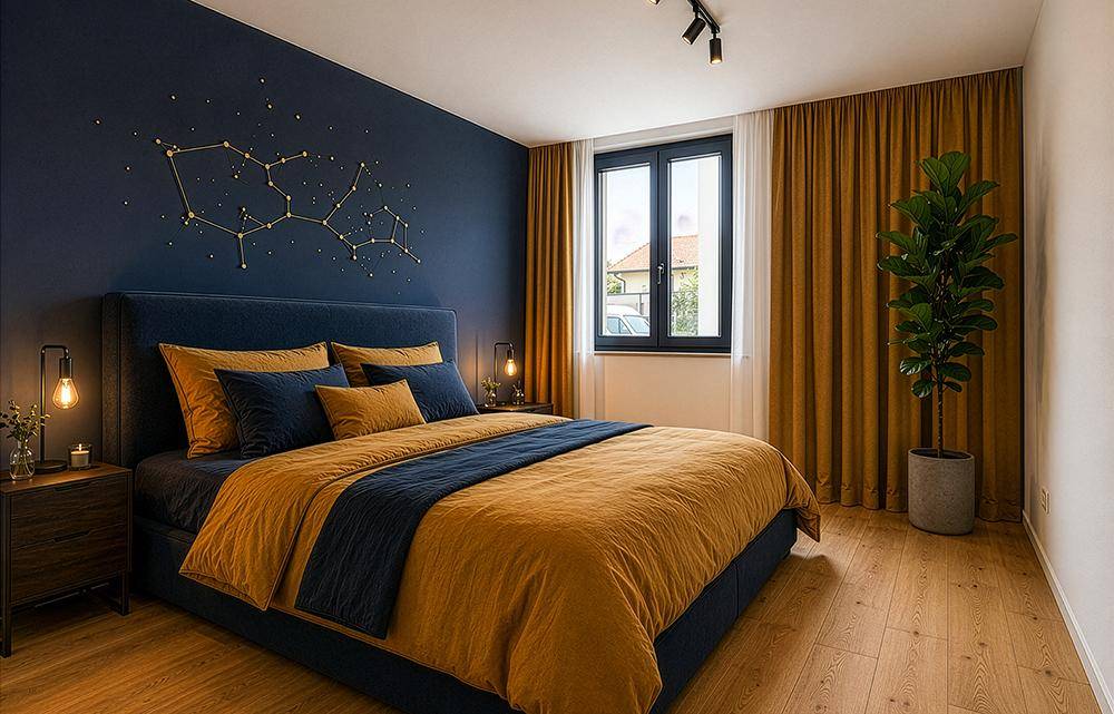 Gemütliches Schlafzimmer mit dunkelblauer Wand, großem Bett und Holzboden.