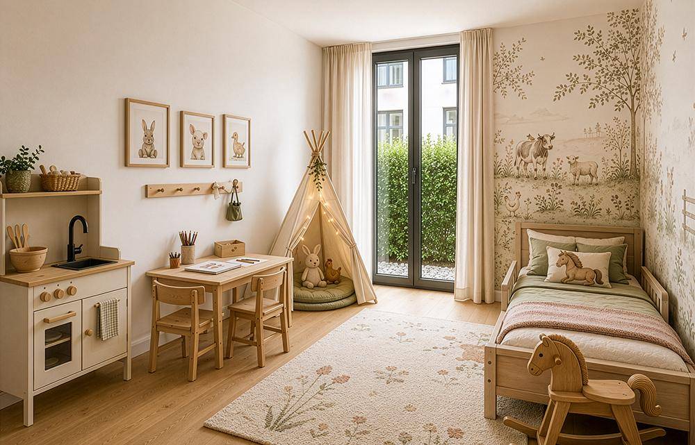 Freundliches Kinderzimmer mit Spielbereich, Holzbett und Zugang zu einem begrünten Außenbereich.