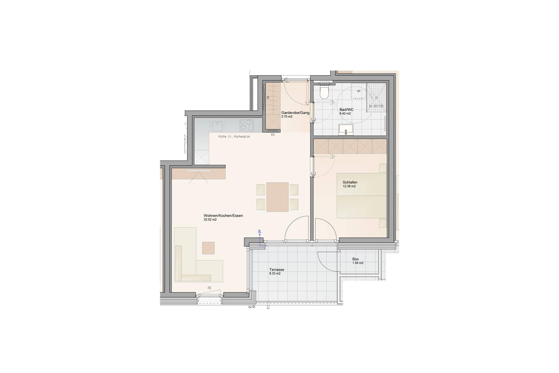 Grundriss einer Wohnung mit offenem Wohnbereich, Schlafzimmer, Bad und Terrasse.