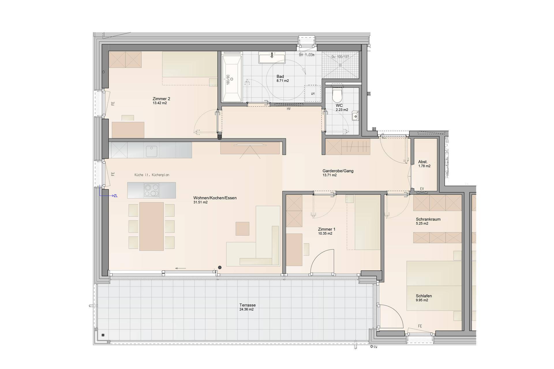 Detaillierter Grundriss einer Wohnung mit offener Wohnküche, zwei Schlafzimmern und großer Terrasse.
