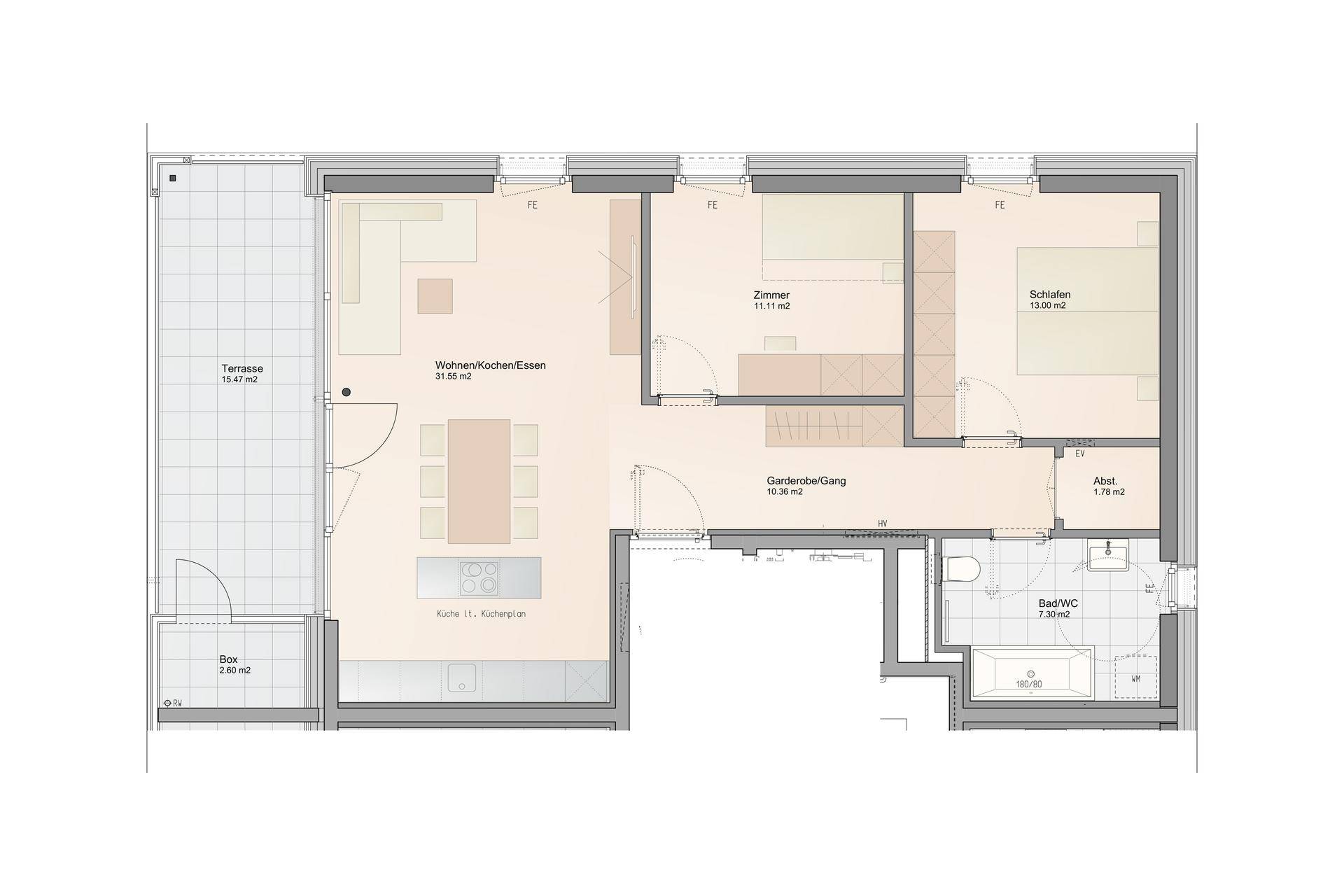 Grundriss einer Wohnung mit Wohn-/Koch-/Essbereich, Schlafzimmer und großer Terrasse.