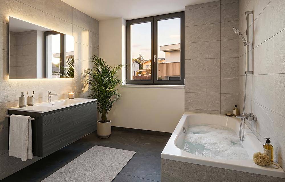 Modernes Badezimmer mit großen Fliesen, Badewanne, Einzelwaschbecken und Fenster.