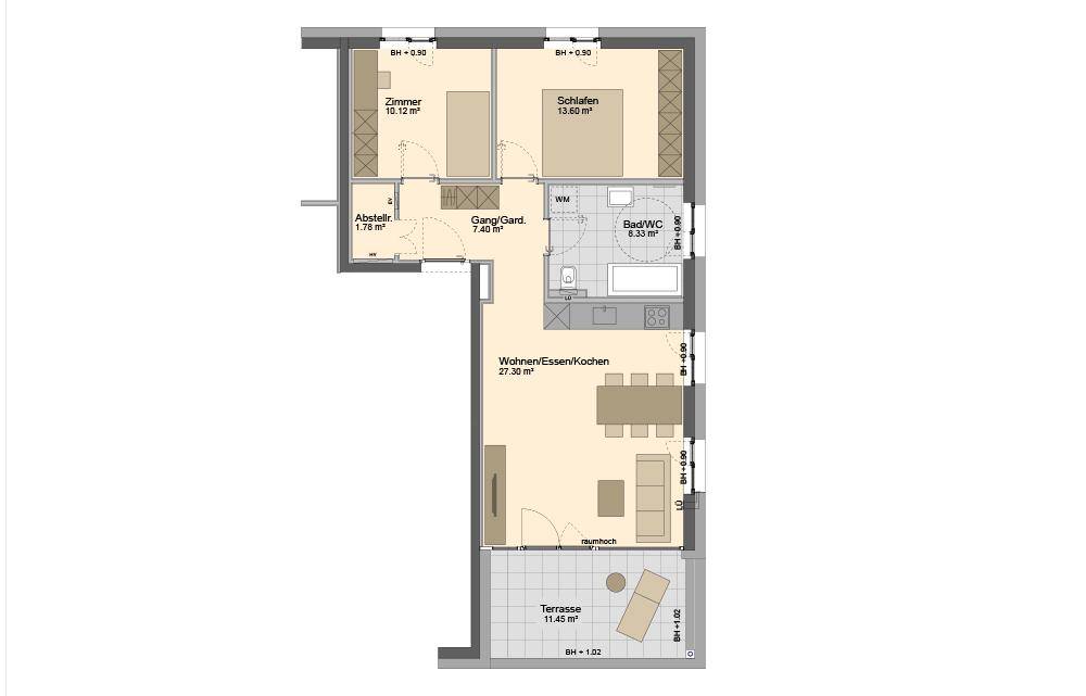 Grundriss einer Wohnung mit Wohn-Ess-Kochbereich, zwei Zimmern und Terrasse.