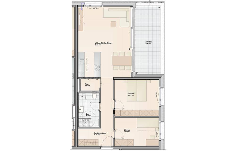 Grundriss einer Wohnung mit offenem Wohn-/Koch-/Essbereich und Terrasse.